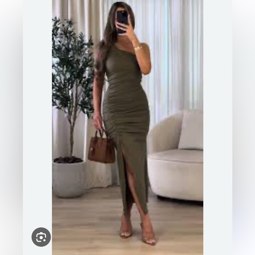 Zara Olive One-Shoulder Ruched Midi Dress with Front Slit linen blend.